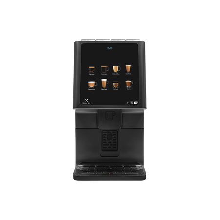 Front view of the black Coffetek Vitro S1 EVO compact tabletop coffee machine