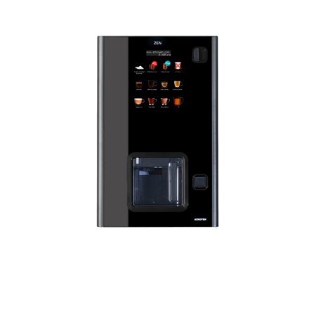 Front view of the black Coffetek Zen compact coffee vending machine with cup dispenser